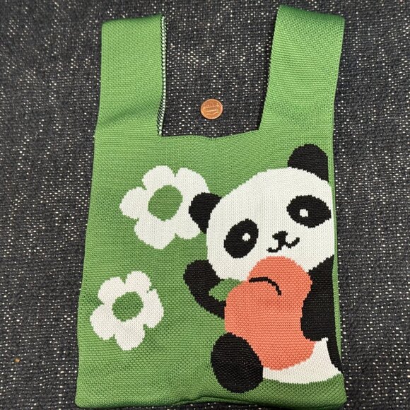 Japanese Style Knot Wristlet Bag, Jacquard Knit Floral Panda, Green Multi - Picture 5 of 7